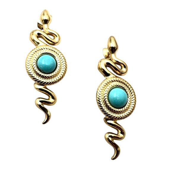 Blue Turquoise Snake Design Gold Plated Pierced Earrings Chandelier New - Picture 1 of 3
